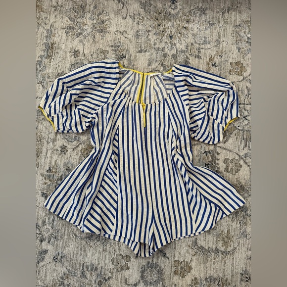 Klesis Other - Klesis Blue and White Striped Romper with Yellow Trim